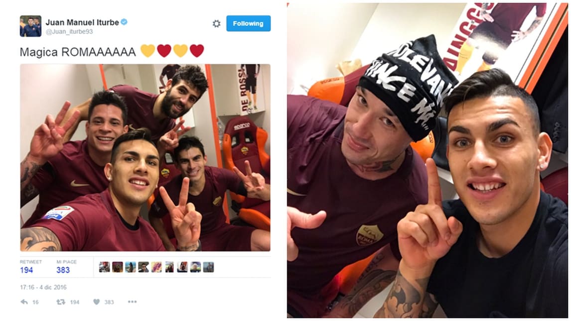 Roma, i festeggiamenti dei giocatori dopo la vittoria nel derby