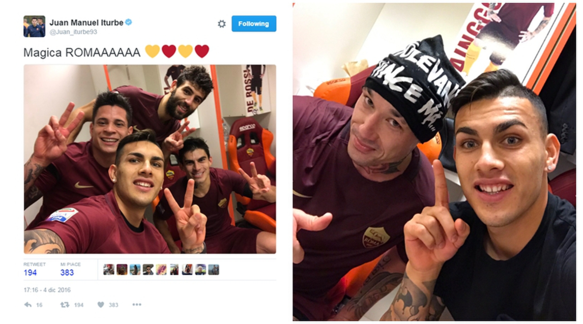 Roma, i festeggiamenti dei giocatori dopo la vittoria nel derby