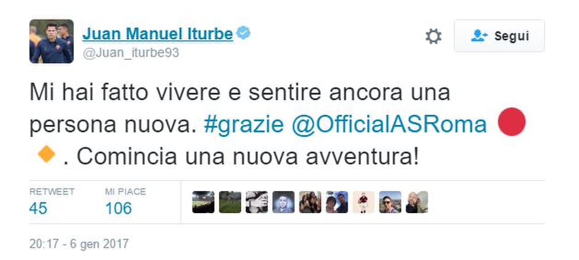 Iturbe cita Venditti: «Grazie Roma». Ora il Torino