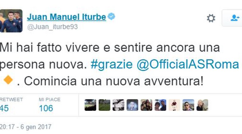 Iturbe cita Venditti: «Grazie Roma». Ora il Torino