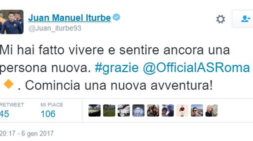 Iturbe cita Venditti: «Grazie Roma». Ora il Torino