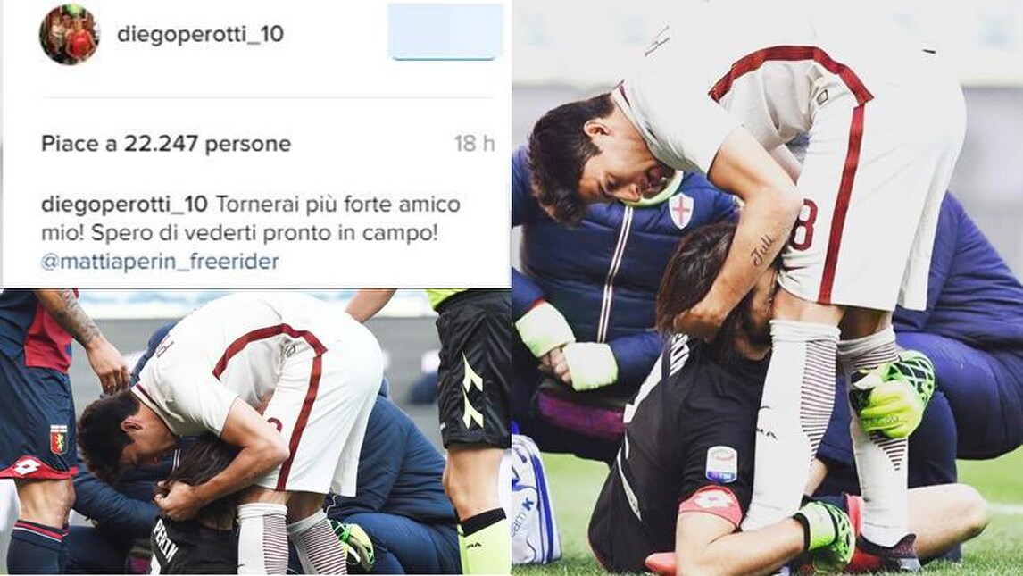 Roma, Perotti cuore d'oro: consola in campo l'amico Perin