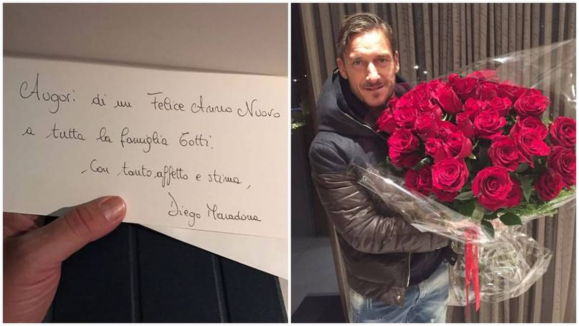 Maradona, rose rosse per Totti che si emoziona: «Grazie mille Diego»