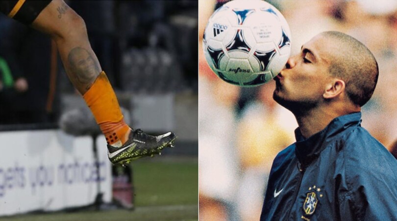 Il calciatore col tatuaggio di Ronaldo sulla gamba