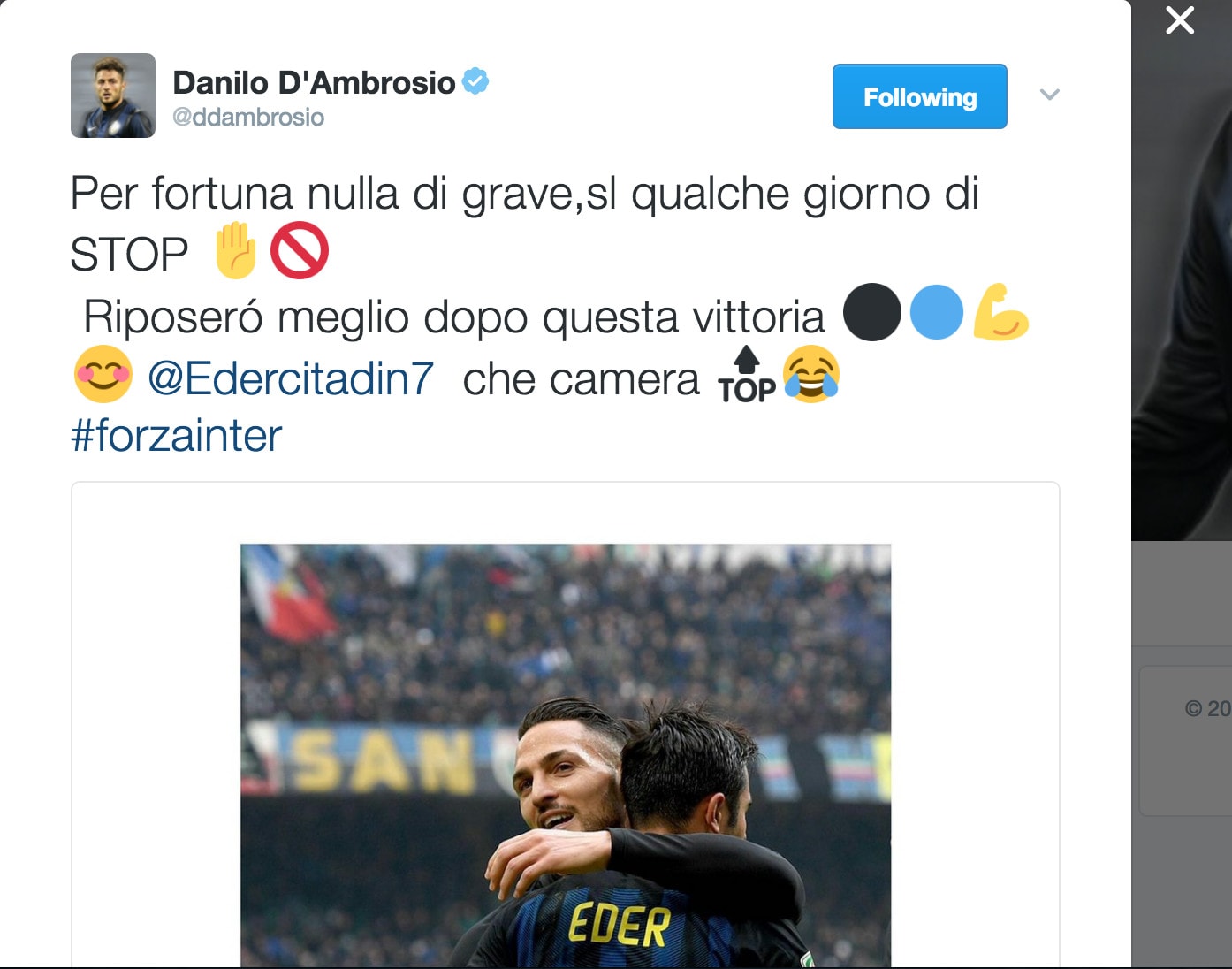 Inter, D'Ambrosio sta meglio