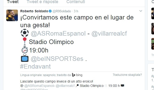Villarreal, gaffe social per Soldado: confonde l'Olimpico con il nuovo stadio della Roma