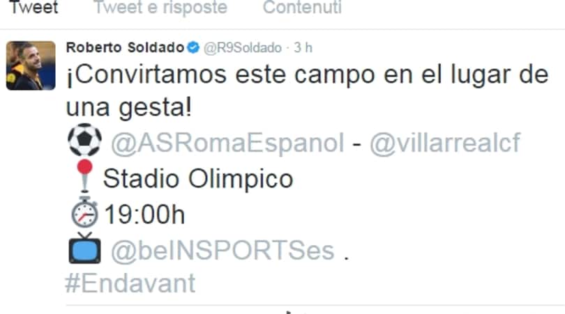 Villarreal, gaffe social per Soldado: confonde l'Olimpico con il nuovo stadio della Roma