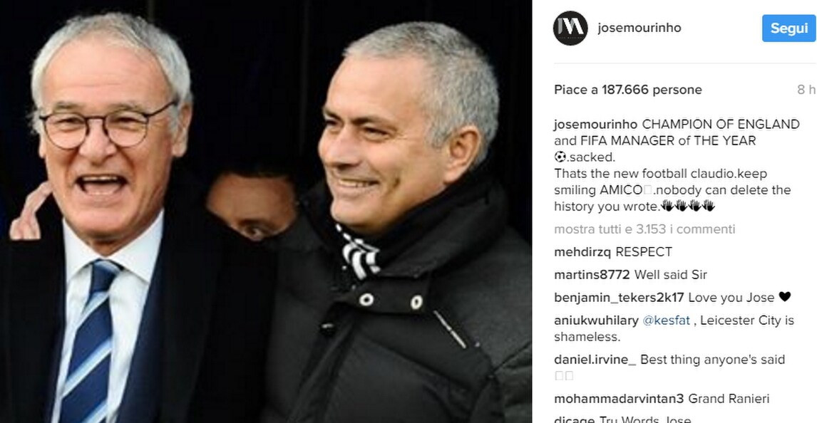 Calciomercato, esonero Ranieri. Mourinho: «Hai fatto la storia, sorridi amico mio»