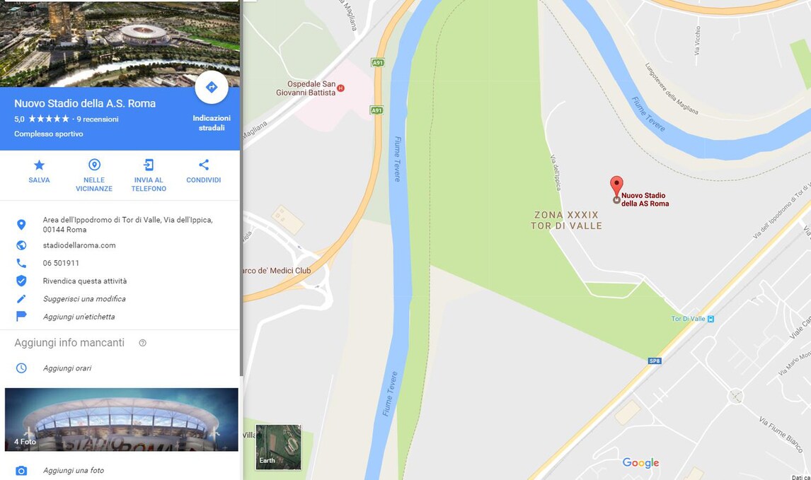 Roma, il nuovo stadio 2.0 è già su Google Maps