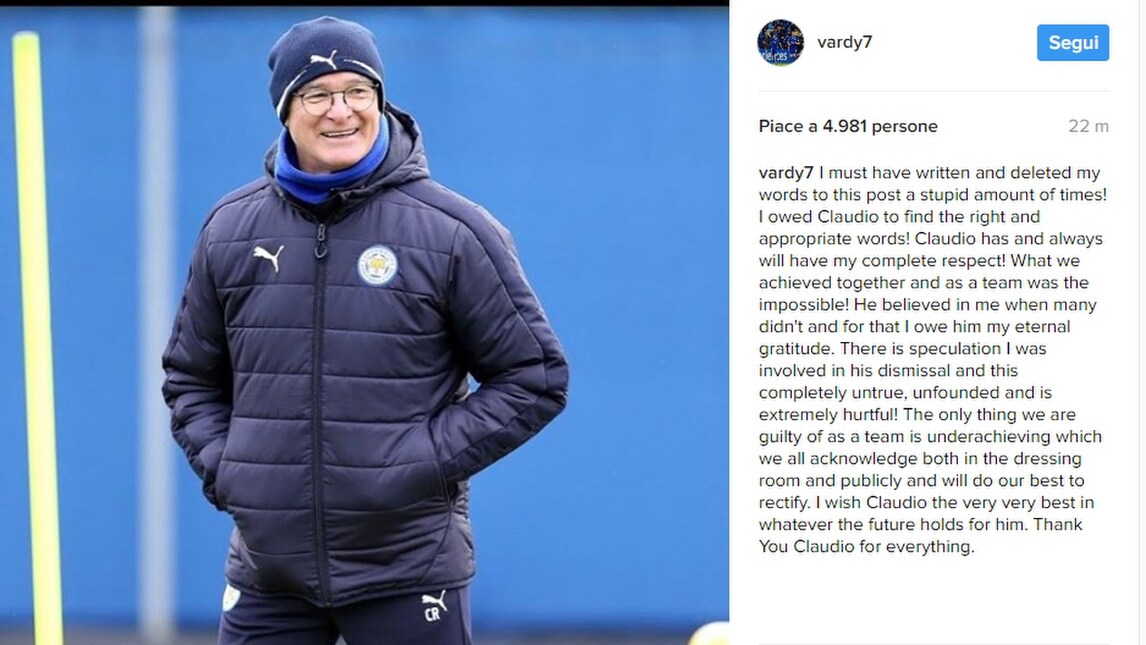 Vardy respinge le accuse e saluta Ranieri: «Unico a credere in me»