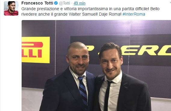 Totti, foto col "Muro": «Bello rivedere il grande Samuel»