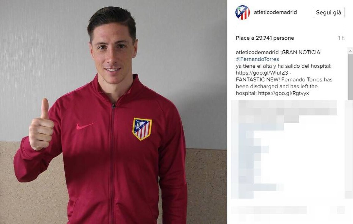 Torres lascia l'ospedale: «Solo paura, grazie per esservi preoccupati»