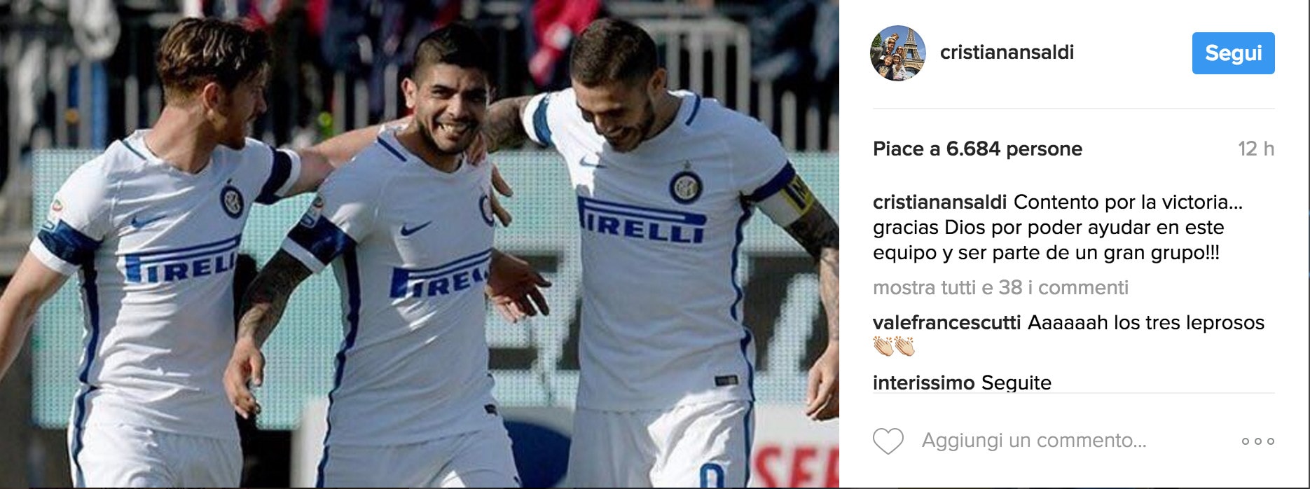 Ansaldi: «A Cagliari che vittoria!»
