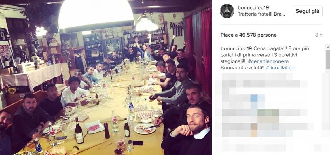 Juventus, Bonucci paga la cena: «Ora più carichi verso i tre obiettivi»