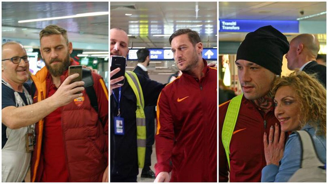 Europa League, la Roma verso Lione: quanti selfie in aeroporto