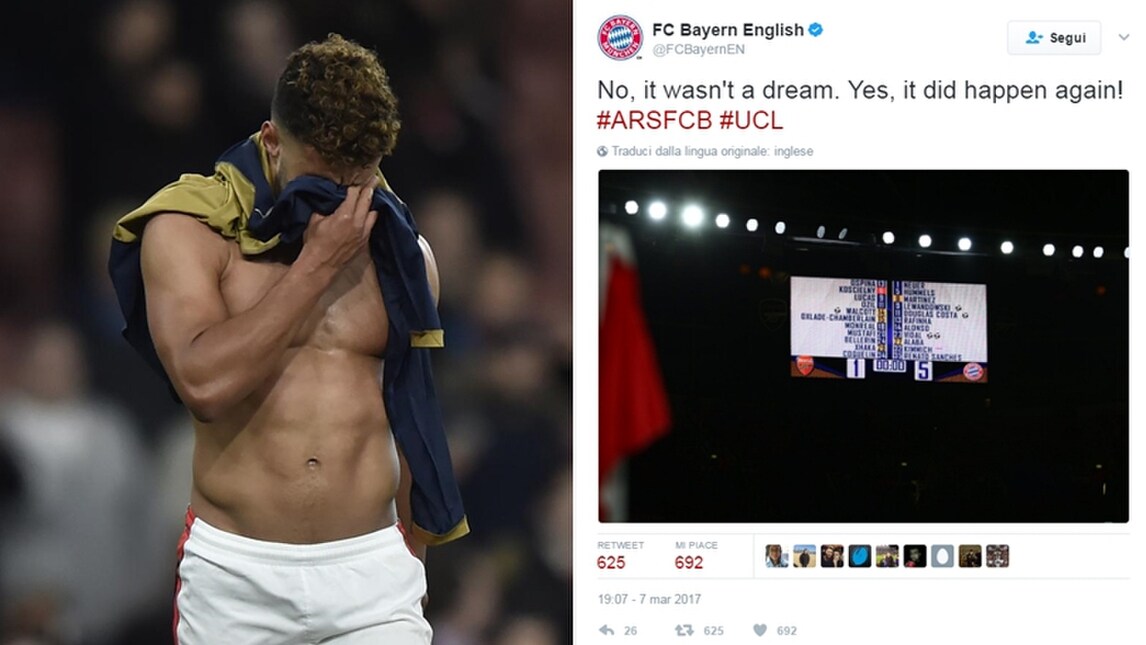 Il Bayern Monaco umilia l'Arsenal, in campo e sui social
