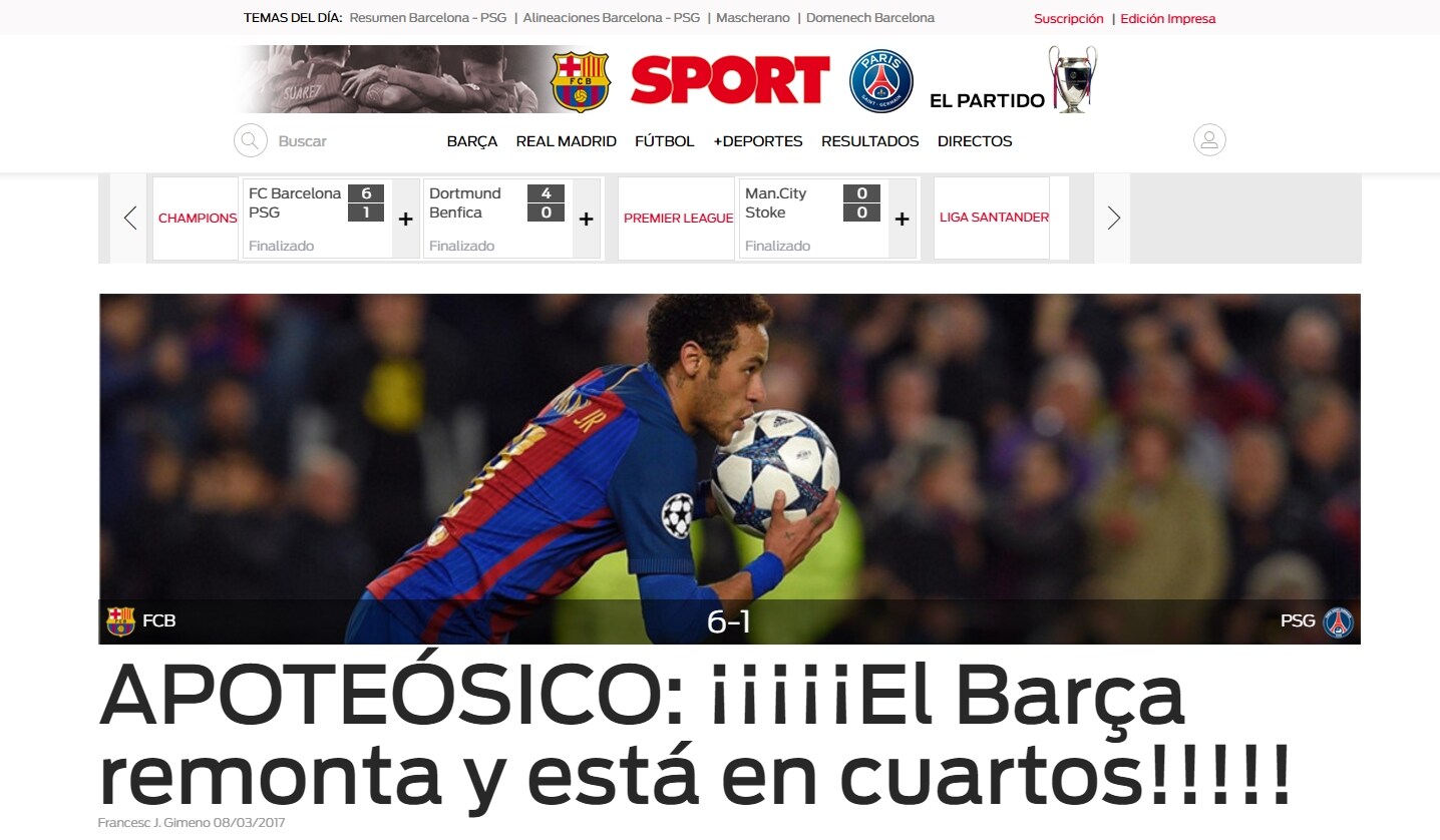 I media spagnoli celebrano l'impresa storica del Barcellona col Psg