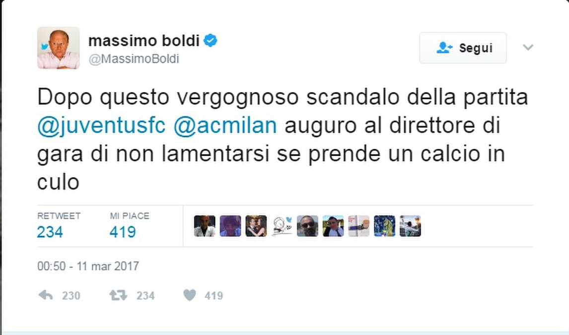 Boldi contro Massa: «Merita calci in culo. Che scandalo!»