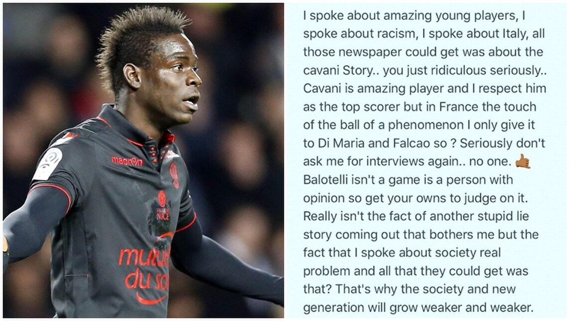 Nizza, Balotelli si sfoga: «Mai parlato male di Cavani»