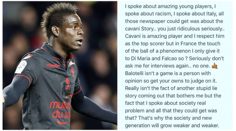 Nizza, Balotelli si sfoga: «Mai parlato male di Cavani»