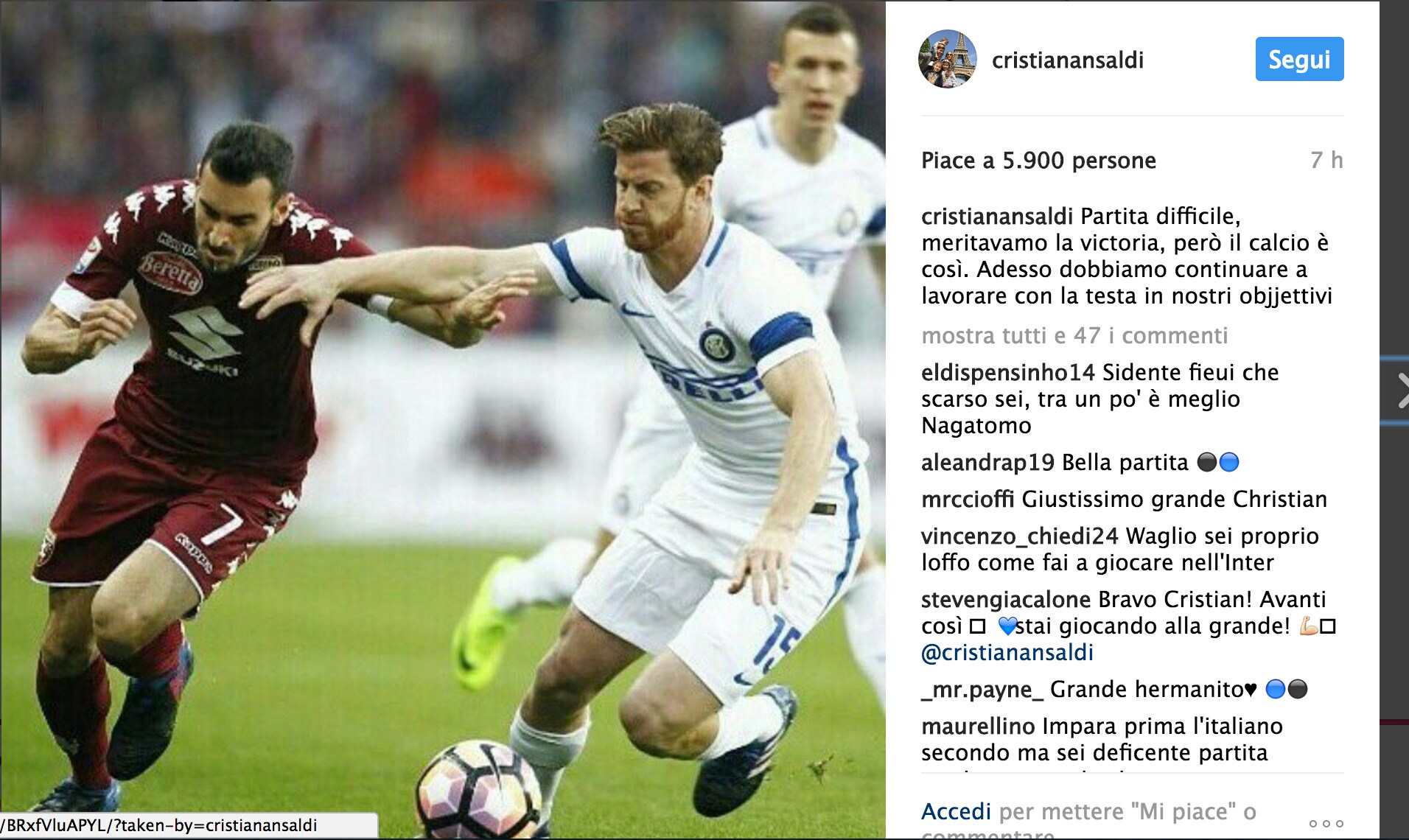 Ansaldi: «Continuamo a lottare»