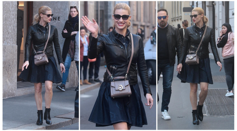 Michelle Hunziker, sexy giacca di pelle per lo shopping