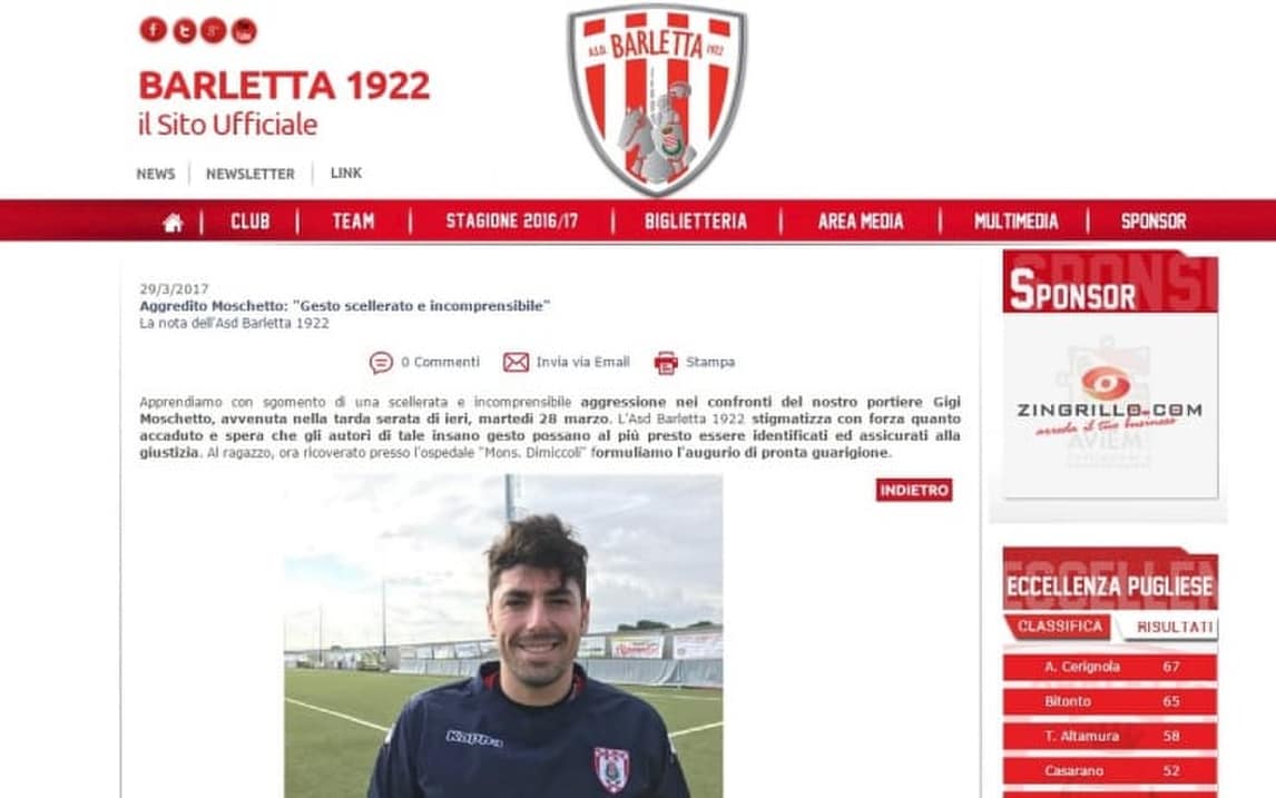 Barletta, portiere aggredito dopo il derby perso