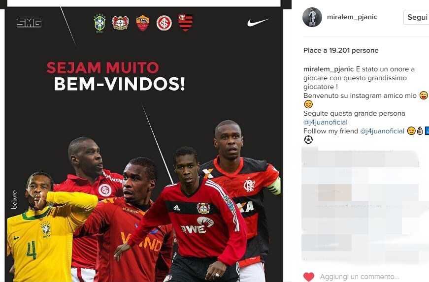 L'ex Roma Juan su Instagram, saluto di Pjanic: «Un onore giocare con te»