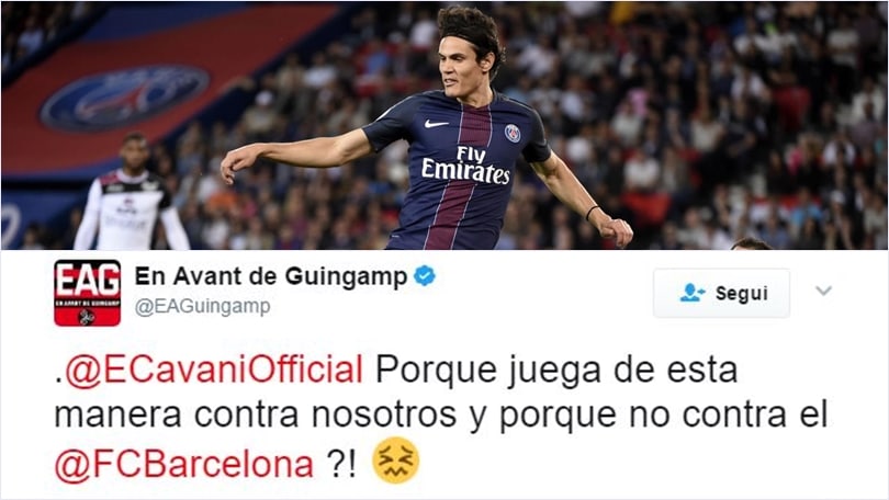 Psg, Guingamp provoca Cavani: «Non ha giocato così col Barcellona»