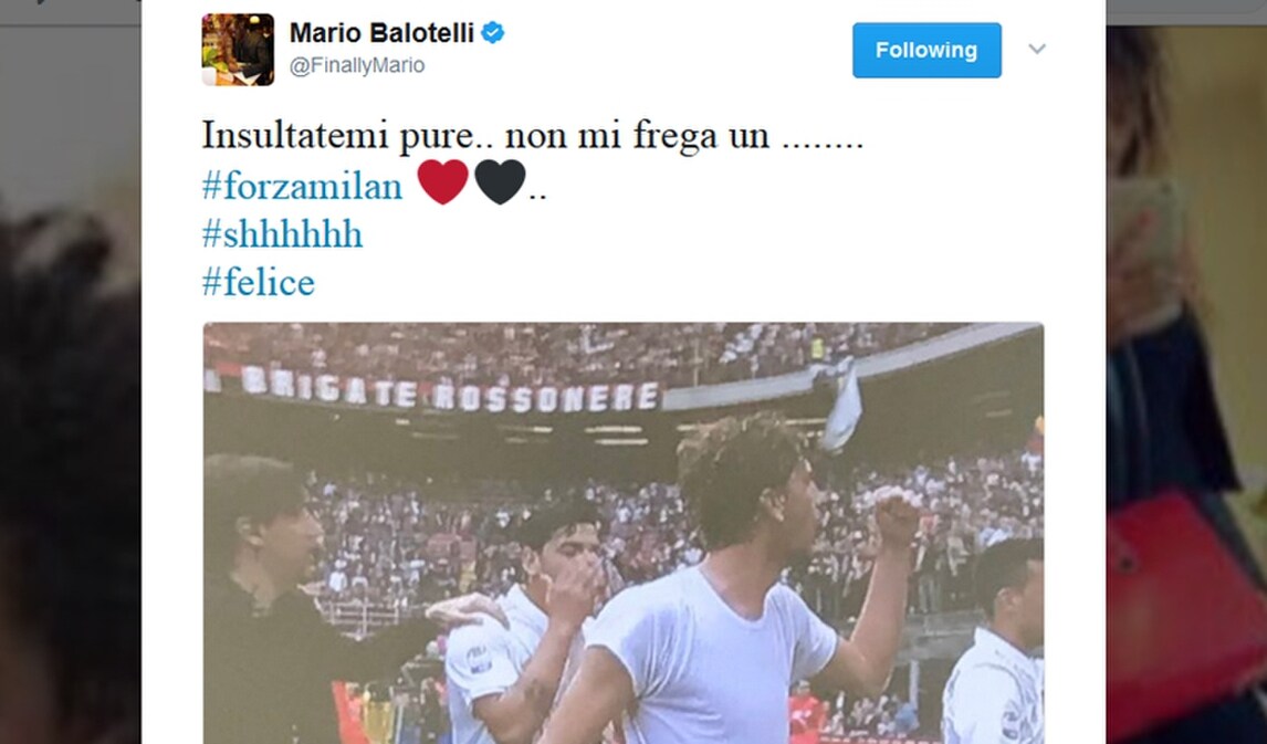 Inter, Balotelli ha un messaggio per i tifosi: «Insultatemi pure, forza Milan!»