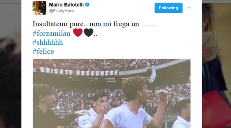Inter, Balotelli ha un messaggio per i tifosi: «Insultatemi pure, forza Milan!»