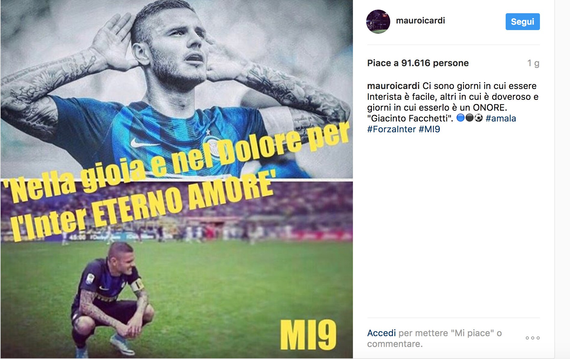 Icardi cita Facchetti su Instagram