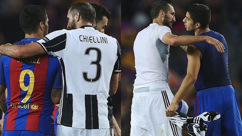 Barcellona-Juventus, Chiellini e Suarez si scambiano la maglia
