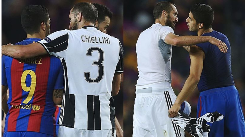 Barcellona-Juventus, Chiellini e Suarez si scambiano la maglia