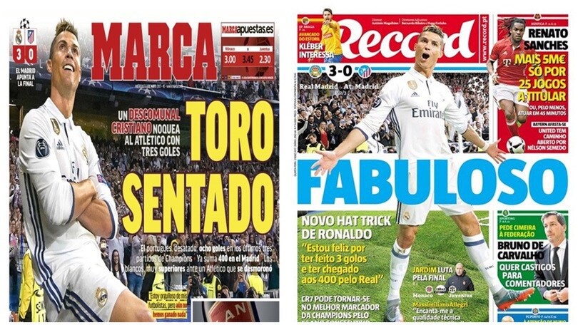 Ronaldo "fabuloso". I giornali celebrano la tripletta di CR7