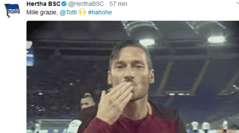 Totti, l'Hertha Berlino ti rende omaggio: «Grazie mille!»