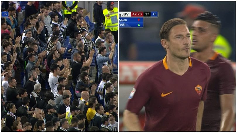 Roma, Totti entra in campo: i tifosi della Juventus lo applaudono