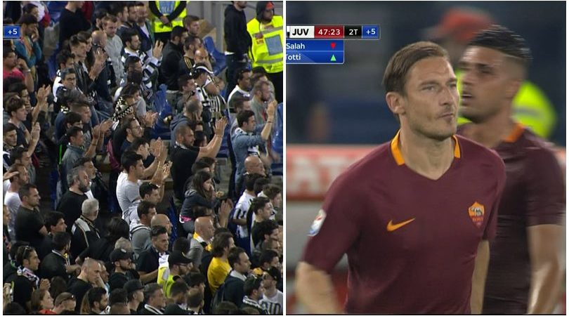 Roma, Totti entra in campo: i tifosi della Juventus lo applaudono