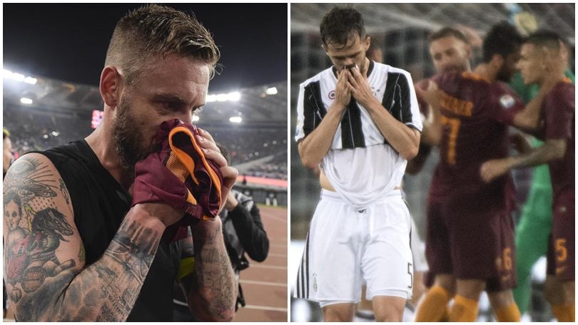 La festa dei giocatori della Roma dopo la vittoria sulla Juventus