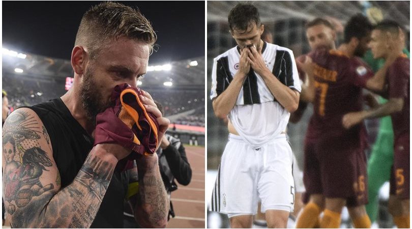 La festa dei giocatori della Roma dopo la vittoria sulla Juventus