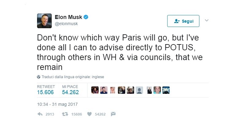 Accordi sul clima, Elon Musk è pronto a lasciare Trump