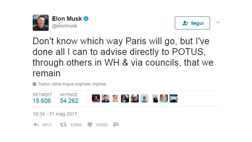 Accordi sul clima, Elon Musk è pronto a lasciare Trump