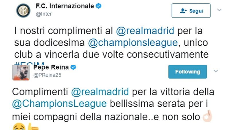 Champions League, l'Inter e Reina fanno i complimenti al Real Madrid