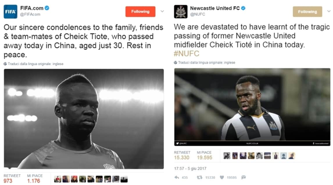 Tioté, il cordoglio del mondo del calcio