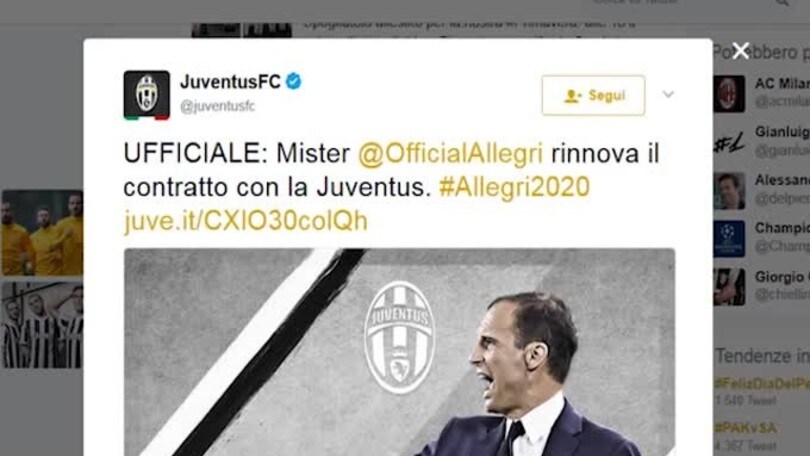 Juve, Allegri rinnova fino al 2020