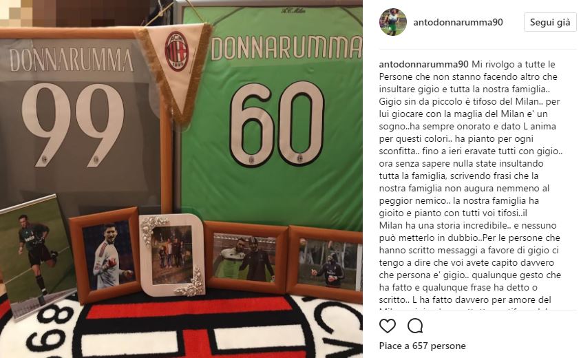 Donnarumma, il fratello ai tifosi: «Voi non sapete, Gigio ama il Milan»
