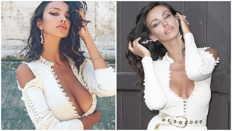 Bianco e spacco vertiginoso, Madalina Ghenea incanta a Roma