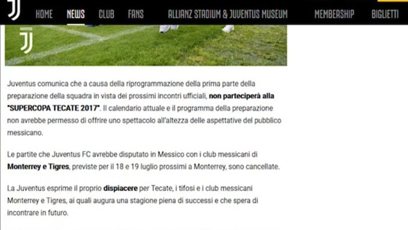 Juve, annullata tournée in Messico