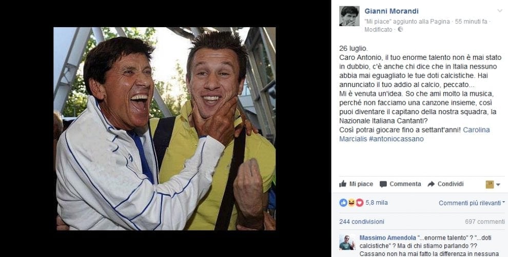 Gianni Morandi ad Antonio Cassano: «Diventa capitano della Nazionale cantanti»
