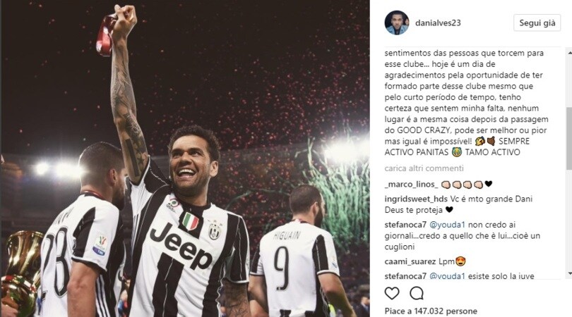 Dani Alves: «Juventus, sentirai la mia mancanza»